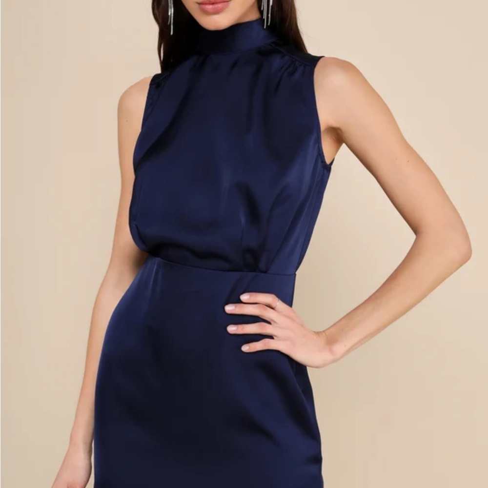 Blue Sleeveless Sheath Midi Dress with Mock Neck
